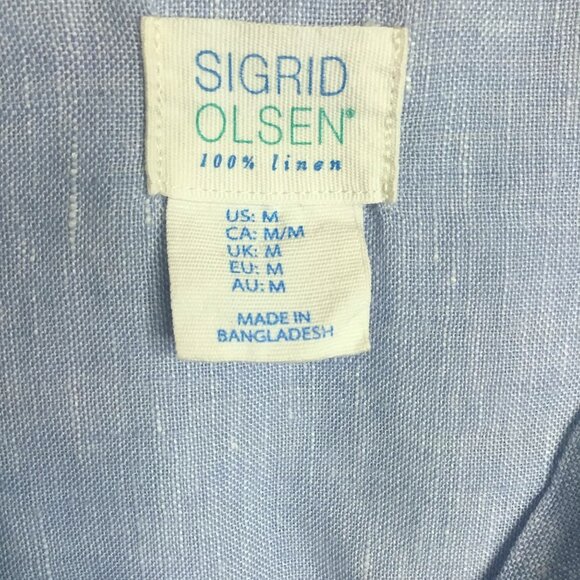 SIGRID OLSEN Linen Tunic Blouse Blue Button Front Long Tab Sleeve Pockets Sz M - Picture 7 of 8